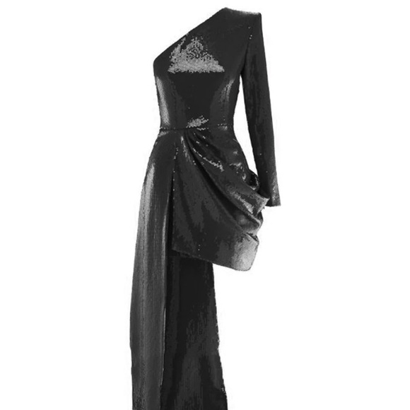 NWOT Black Asymmetric Hem Sequinned Evening Dress Gown - Picture 2 of 3